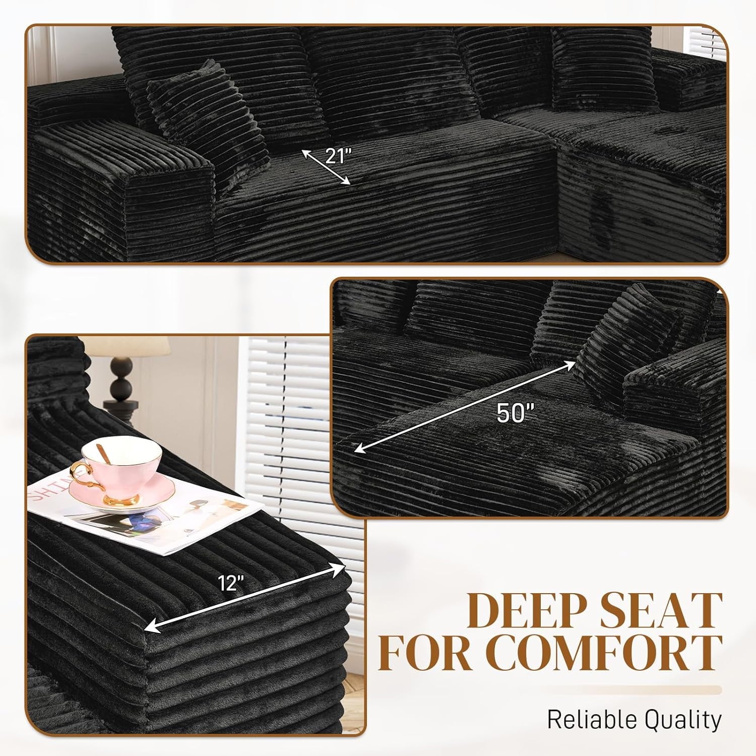 LLappuil 108 Sectional Sofa, Modular Sectional Couch with Left Chaise, Deep Seat Corduroy Cloud Sofa for Living Room Black