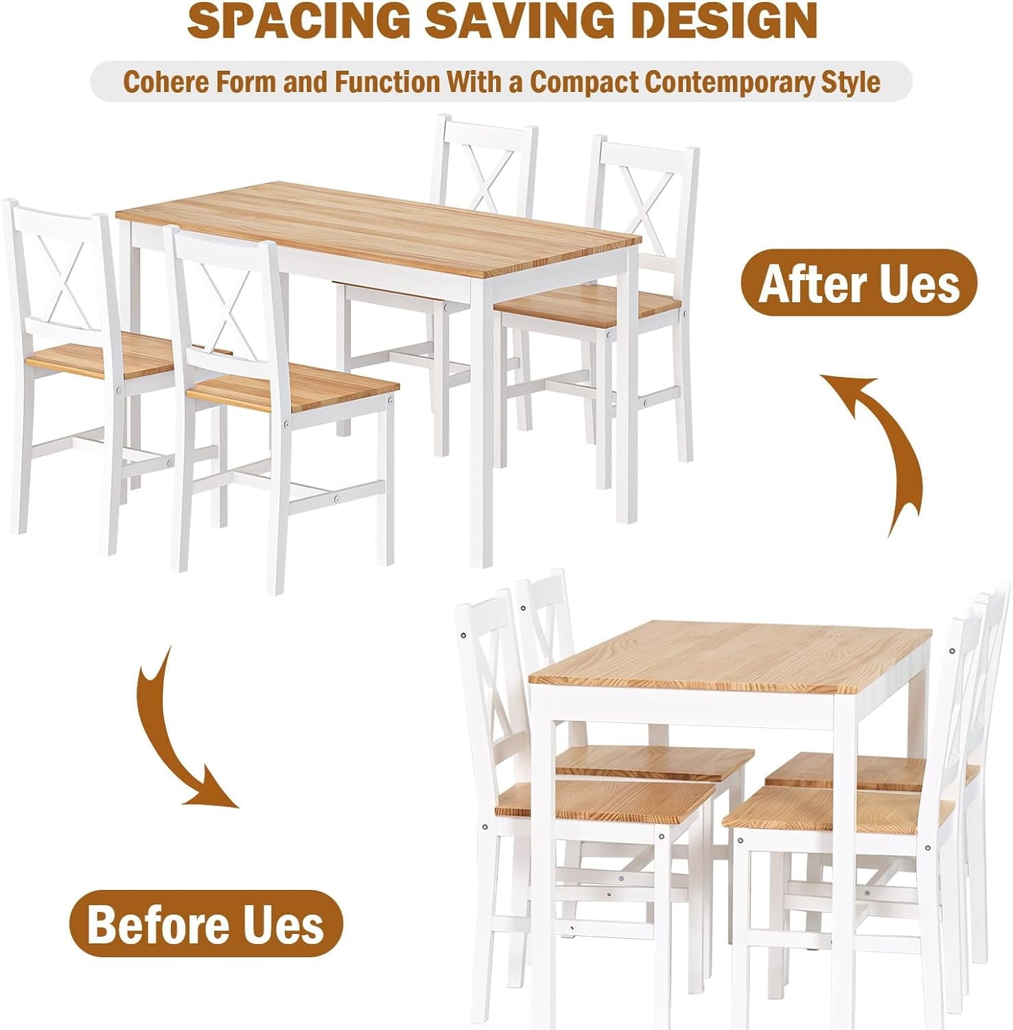 Soges 4-Person Dining Table Set 5 Pieces, Wood Kitchen Table Set with 4 Chairs for Kitchen Dining Room Restaurant, White&Oak