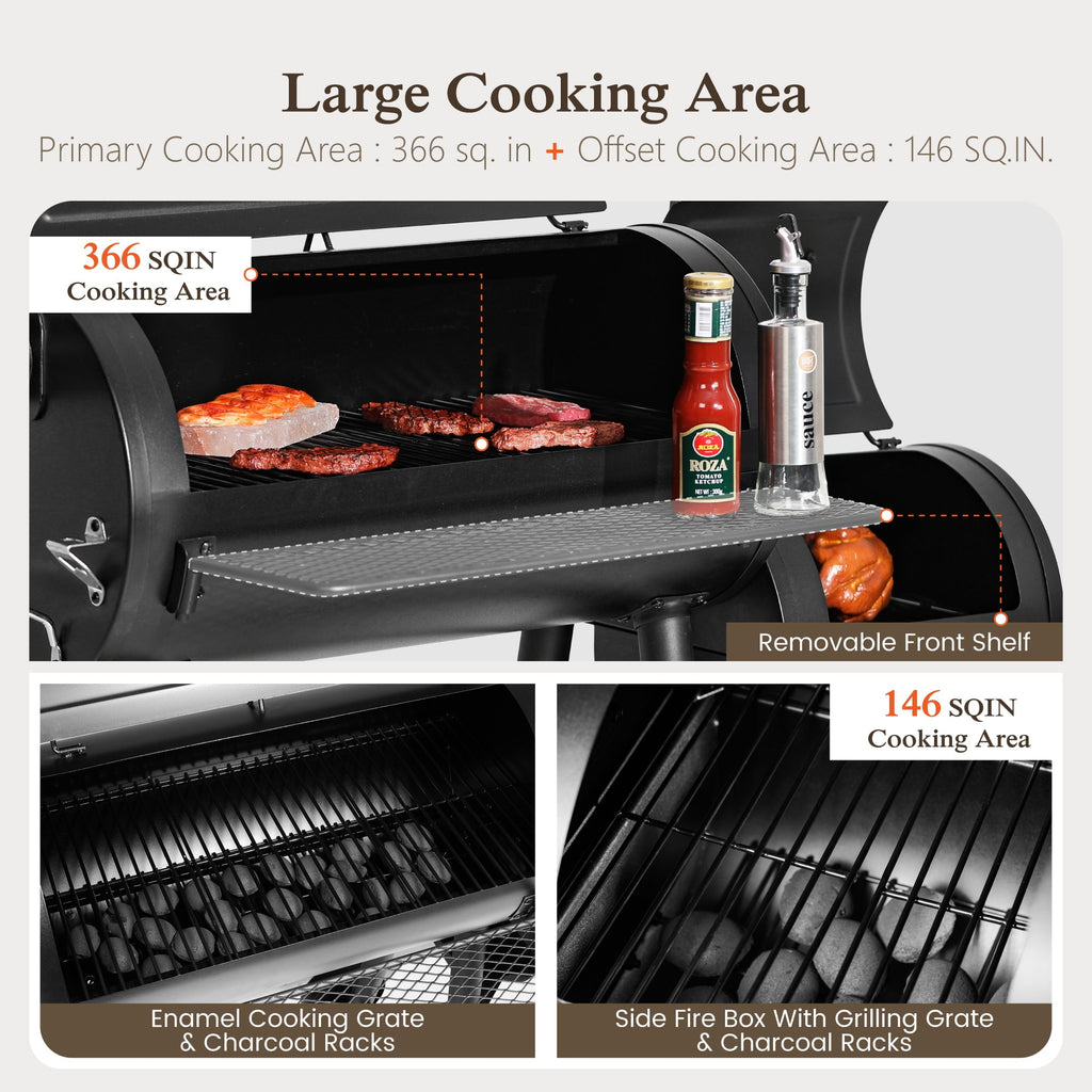 Alpha Joy Steel BBQ Charcoal Grill with Offset Smoker in Black