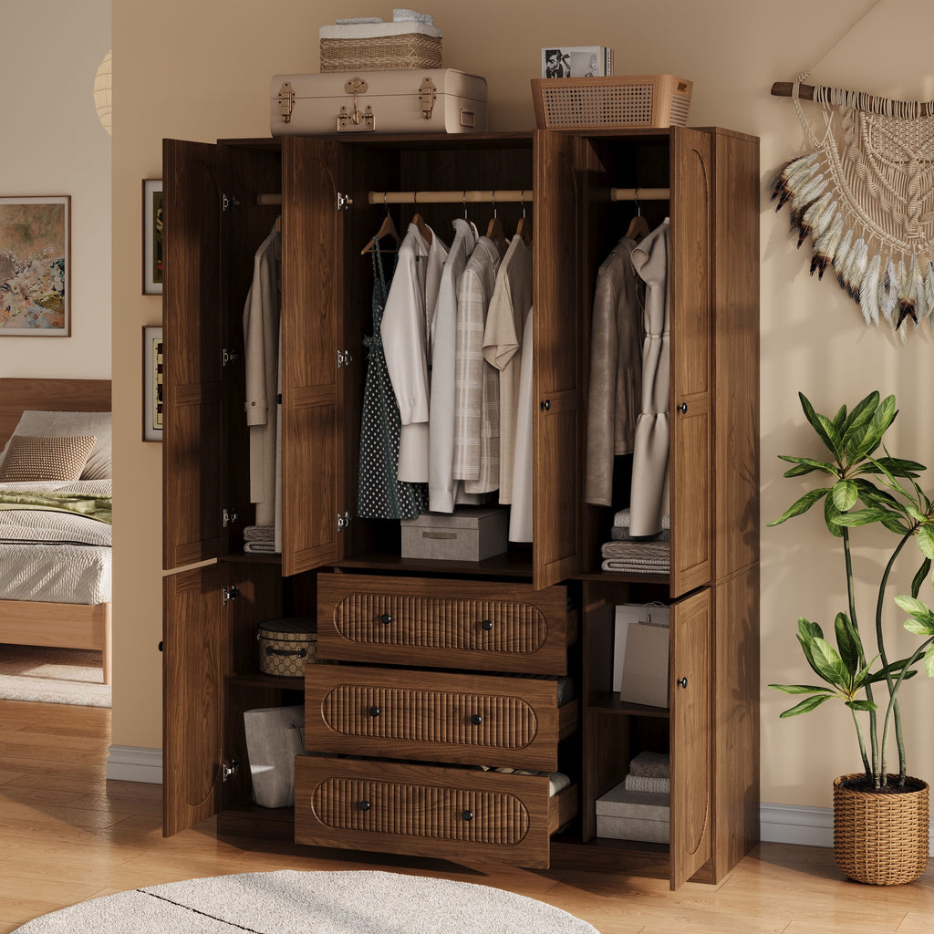 UGTOO 72H 4-Door Wardrobe Armoire with 3 Hanging Rods & 3 Drawers – Black Wooden Closet Storage Cabinet, Large Capacity Freestanding Clothes Organizer for Bedroom