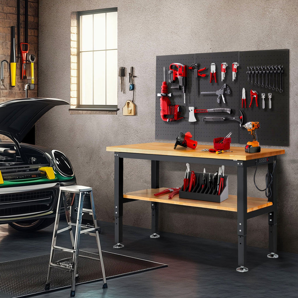 Workbench for Garage,ENJOYWOOD Heavy-Duty 60 inch 2 Tier Wood Work Bench with Storage Pegboards,Rubber Mat,Power Outlets, Rubber Wood Tabletop 2000 LBS Load Bearing Workstation Garage Desk Work Table