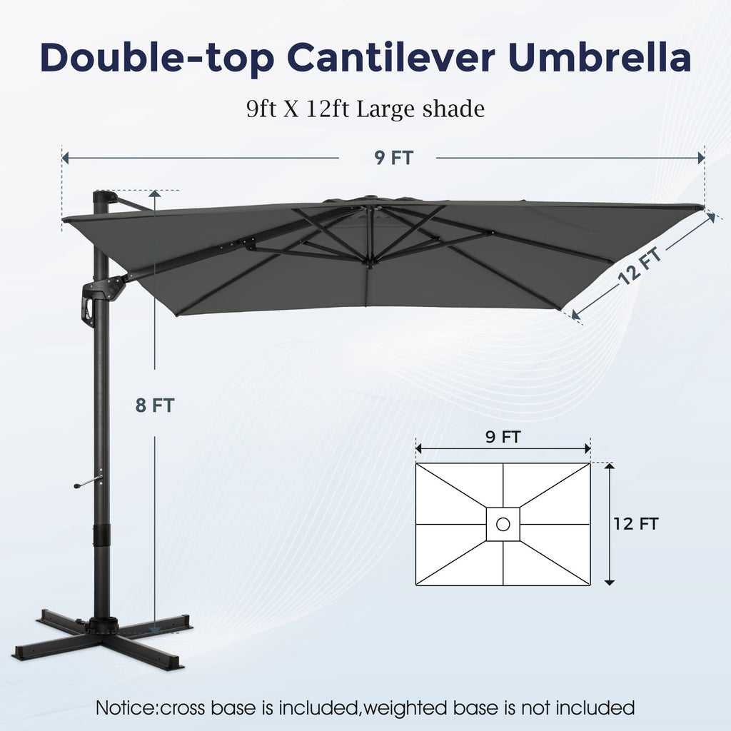 Alpha Joy 12x9ft Outdoor Patio Umbrella Large Rectangle Offset Cantilever Double Umbrella with 360°Rotation, Beige