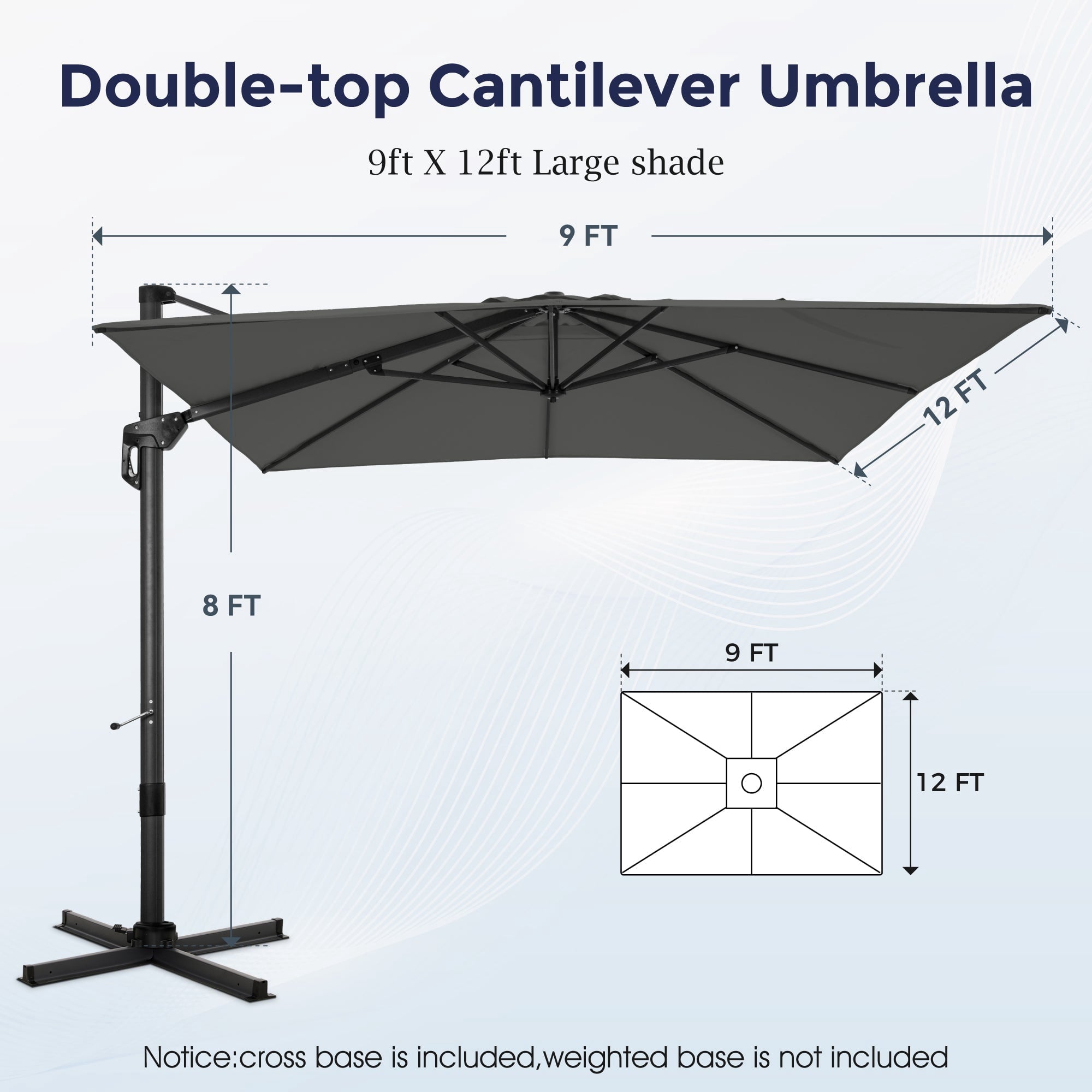 Alpha Joy 12x9ft Outdoor Patio Umbrella Large Rectangle Offset Cantilever Double Umbrella with 360°Rotation, Beige