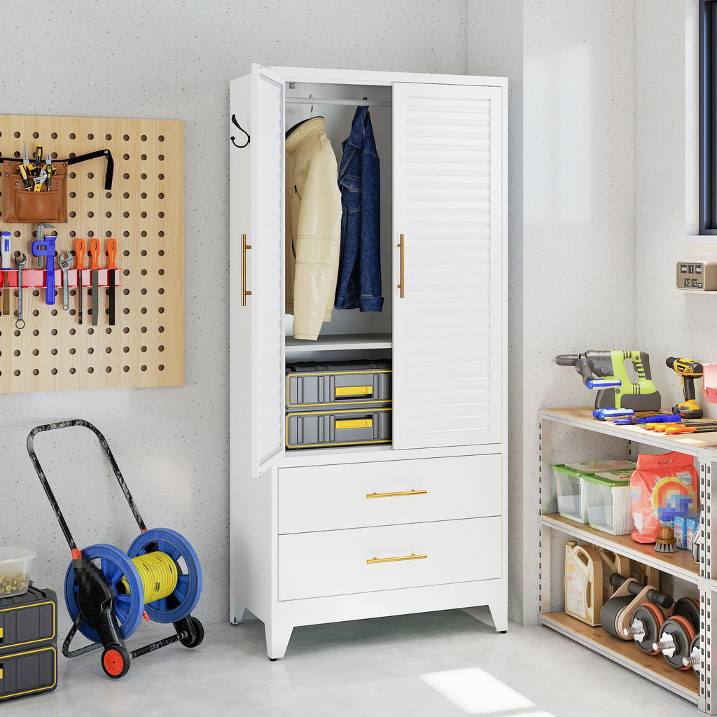 AISWORD 60 Tall Metal Wardrobe Cabinet with 1 Drawer and Hanging Rod, 2 Doors Closet with Adjustable Shelf, White