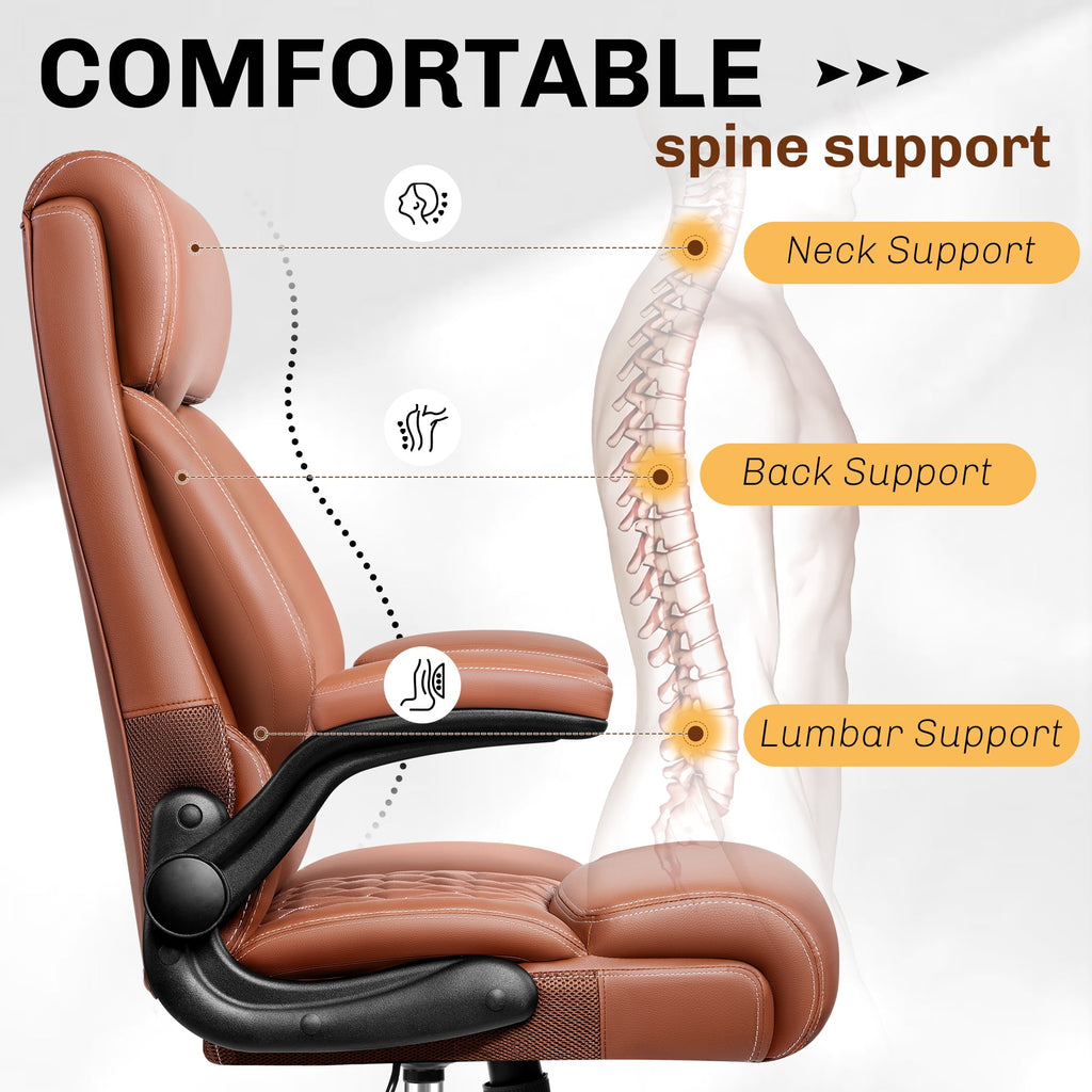 FASTES Executive Office Chair, Ergonomic Desk Chair with Adjustable Armrests, Computer Leather Chair Big and Tall Office Chair with Footrest and Lumbar Support, Brown