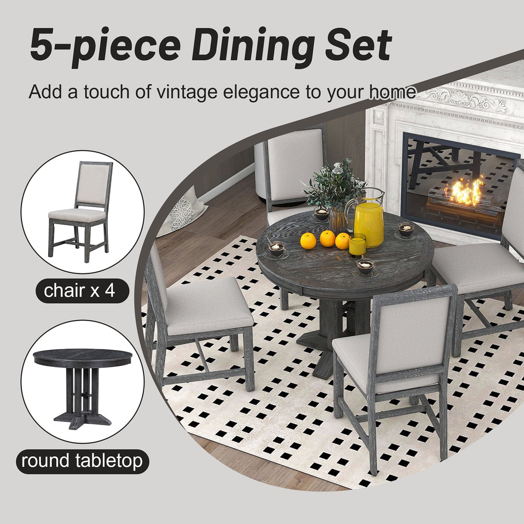 Harper & Bright Designs Farmhouse 5 Piece Kitchen Dining Table Set for 4, Solid Wood Extendable Round Dining Table Set and 4 Upholstered Chairs, Retro Dining Set for Kitchen, Natural Wood Wash