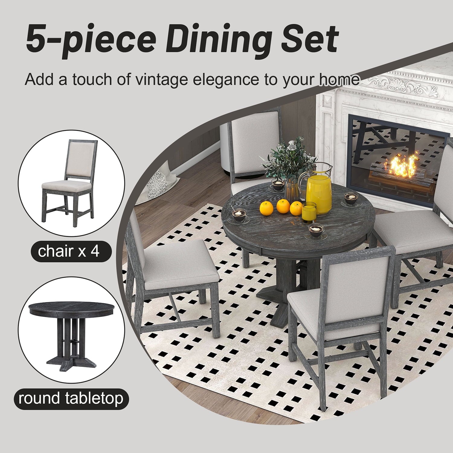 Harper & Bright Designs Farmhouse 5 Piece Kitchen Dining Table Set for 4, Solid Wood Extendable Round Dining Table Set and 4 Upholstered Chairs, Retro Dining Set for Kitchen, Natural Wood Wash