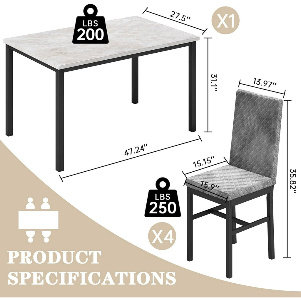 Baxluxe Dining Table Set for 4, Modern 5 Piece Dining Table Set, Faux Marble Kitchen Table and 4 Velvet Upholstered Chairs for Apartments, Dining Rooms, Small Spaces, Gray