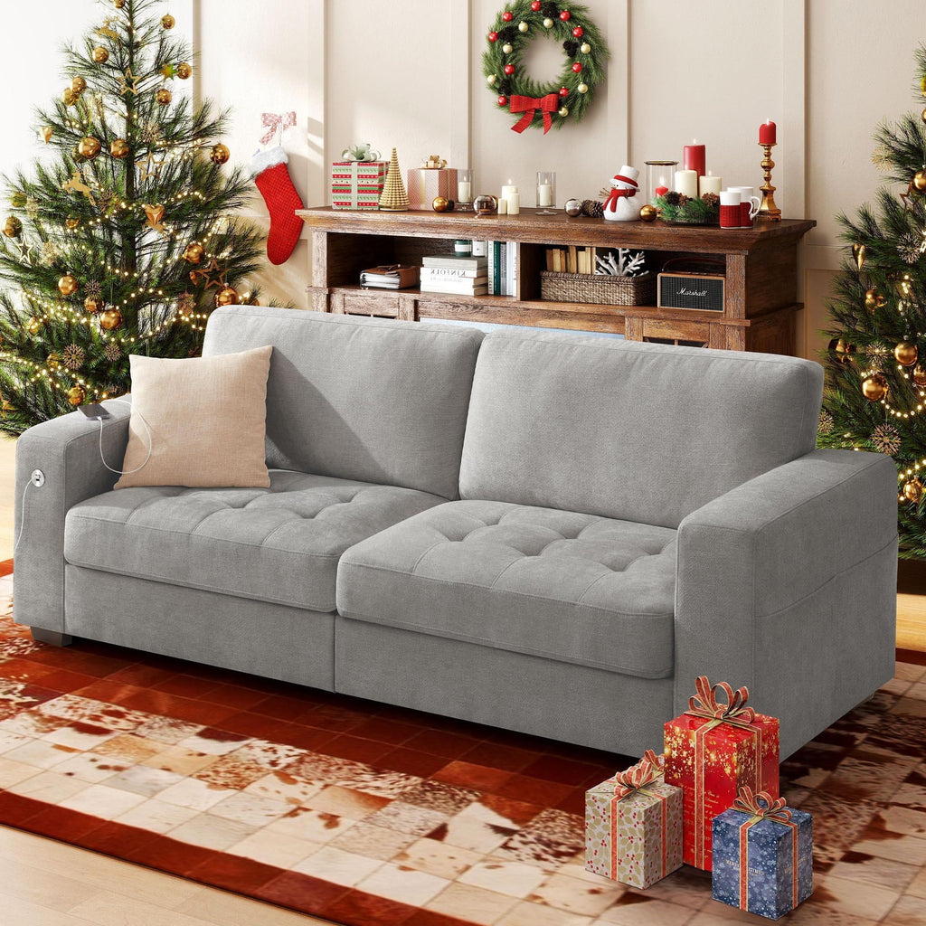 Bedluxury 89 Deep Sofa Couch with USB/Type-C Charging, Storage Pocket & Wide Armrest, Removable Cover, Seats 3 Adults, Chenille Beige