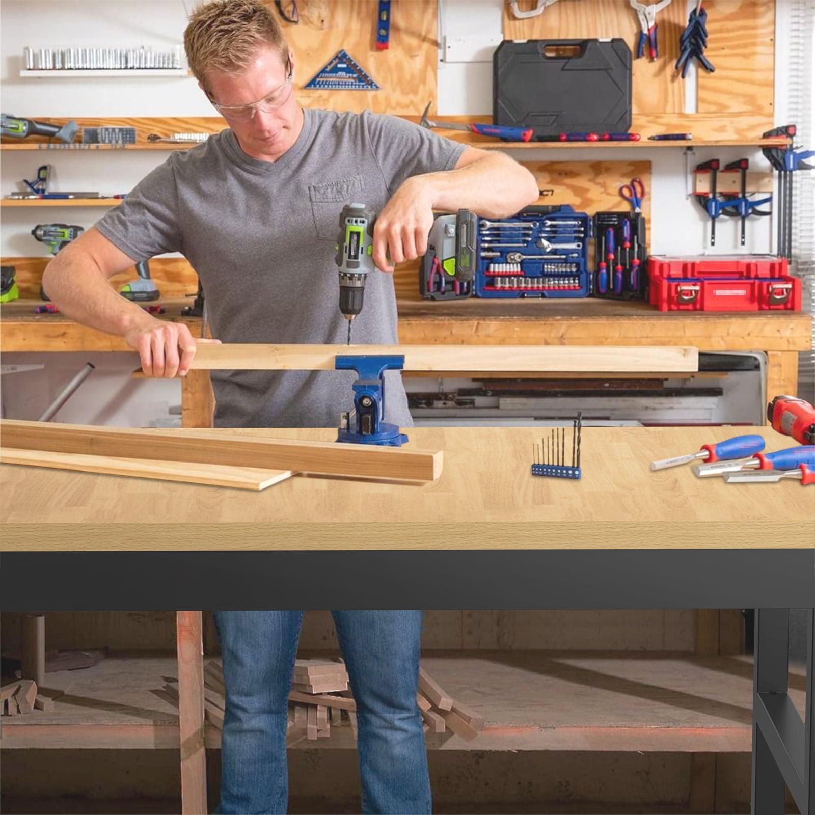 60 Adjustable Workbench,Heavy-Duty Work Table,3000 LBS Load Capacity Hardwood Workstation Outlets with Power strips and Wheels,for Workshop, Garage
