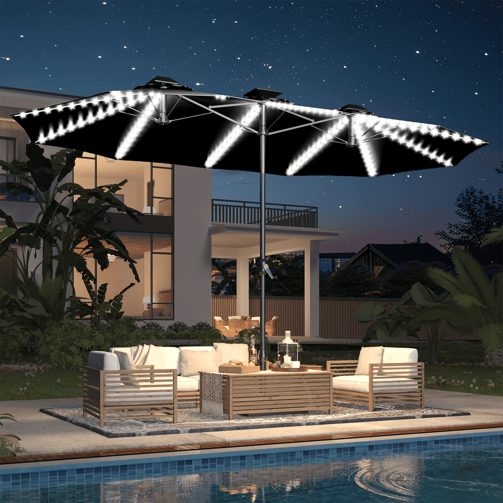 AECOJOY 10x10ft Outdoor Cantilever Patio Umbrella with Base, 360° Tilt & Rotate, Beige