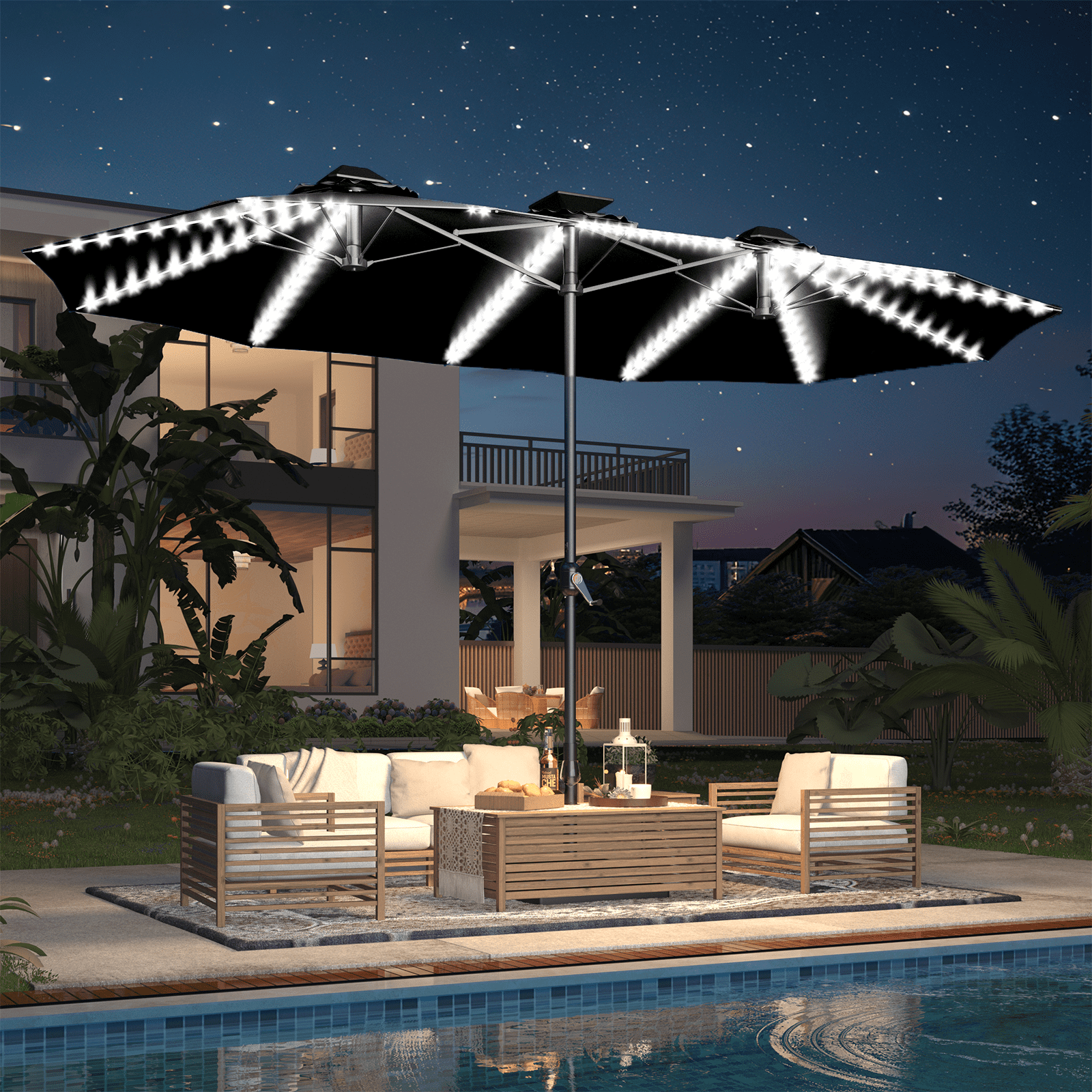 AECOJOY 10x10ft Outdoor Cantilever Patio Umbrella with Base, 360° Tilt & Rotate, Beige