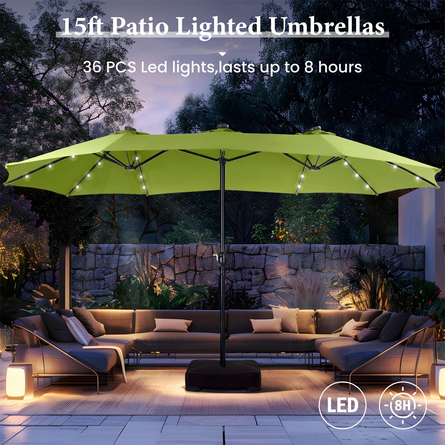 SUMMIT LIVING 15ft Double-Sided Solar Patio Umbrella with Base (Included) Large Outdoor Umbrella with Solar Lights - Beige