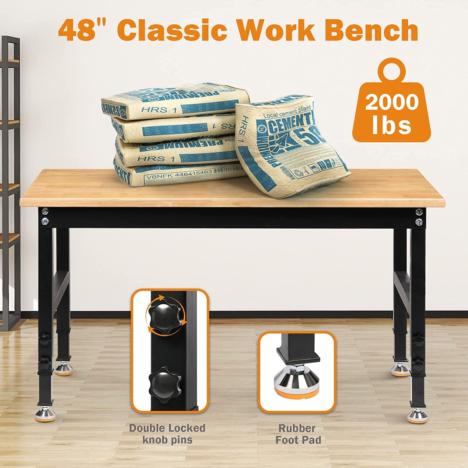 Tolead 60 Heavy-Duty Adjustable Workbench with Power Outlets, Rubber Wood Shop Table, Metal Wheels, Workstation