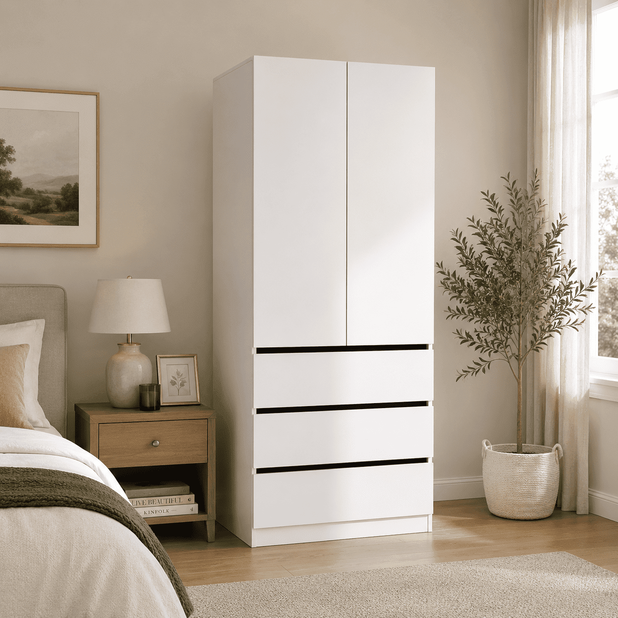 74.8''H Wooden Wardrobe Closet with 3 Drawers & Hanging Rod, 2-Door Armoire Cabinet with Smooth Drawer Slides for Bedroom