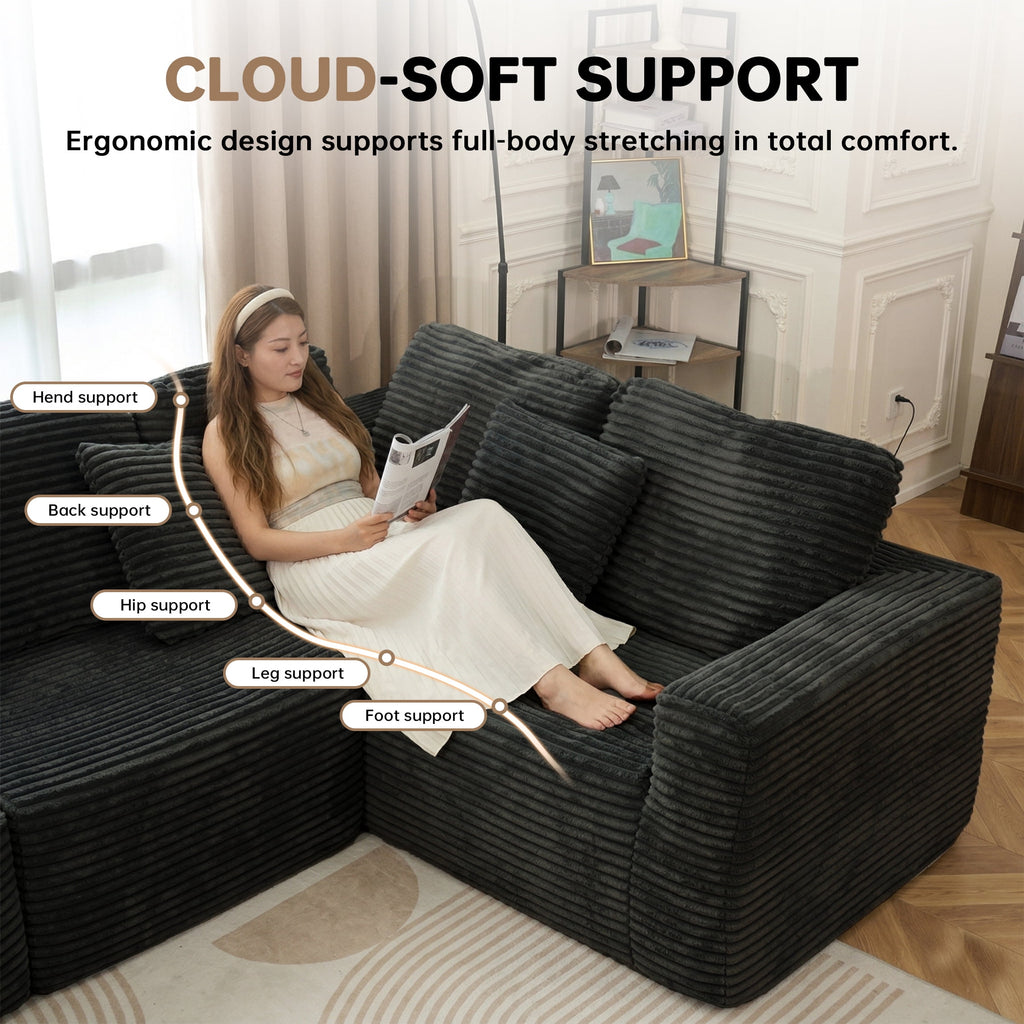 SOULART 138.5 U Shaped Sectional Couch,Gray Cloud Boneless Sofa For Living Room,Plush Corduroy Couches With Deep Seat Chaise Lounge,No Assembly Required