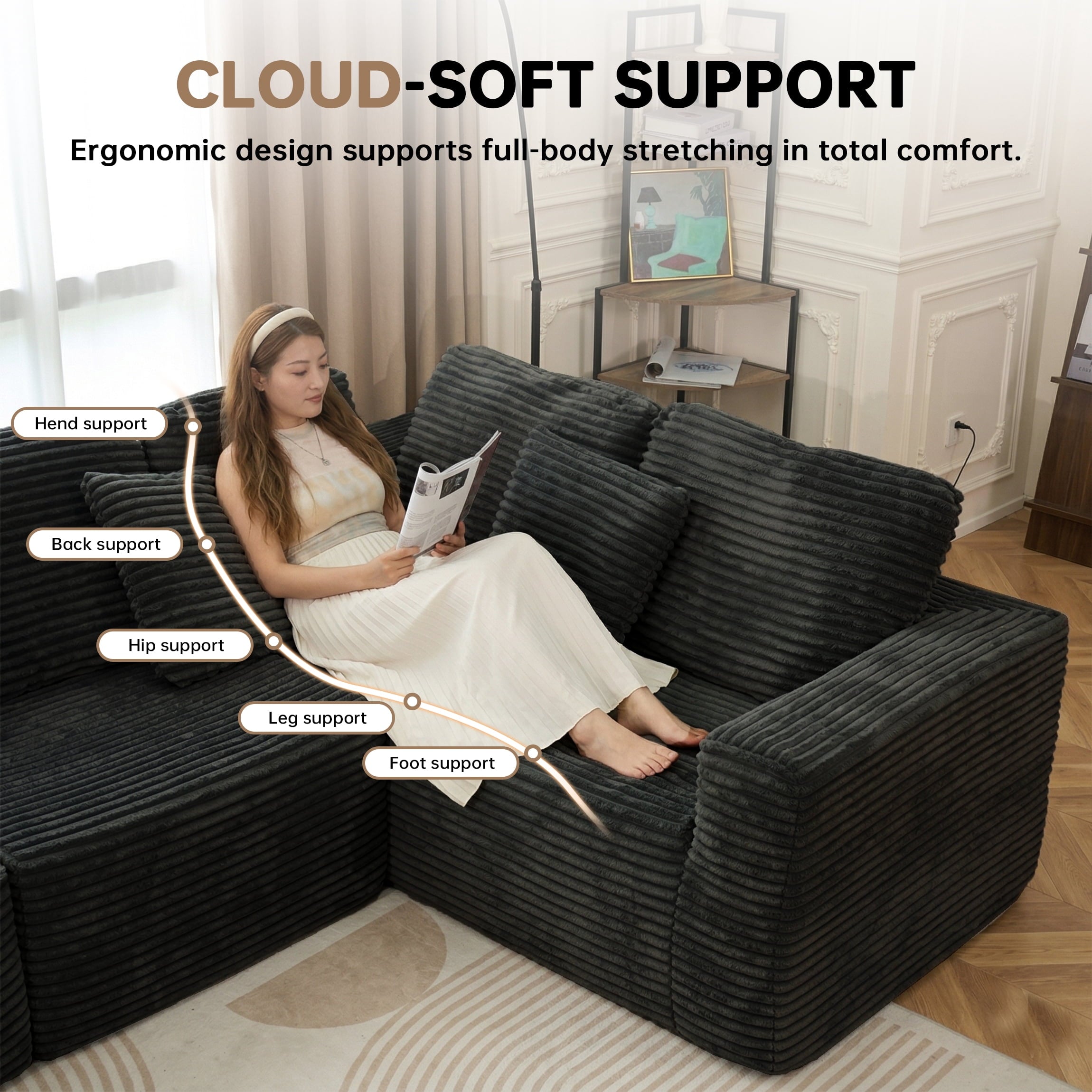 SOULART 138.5 U Shaped Sectional Couch,Gray Cloud Boneless Sofa For Living Room,Plush Corduroy Couches With Deep Seat Chaise Lounge,No Assembly Required