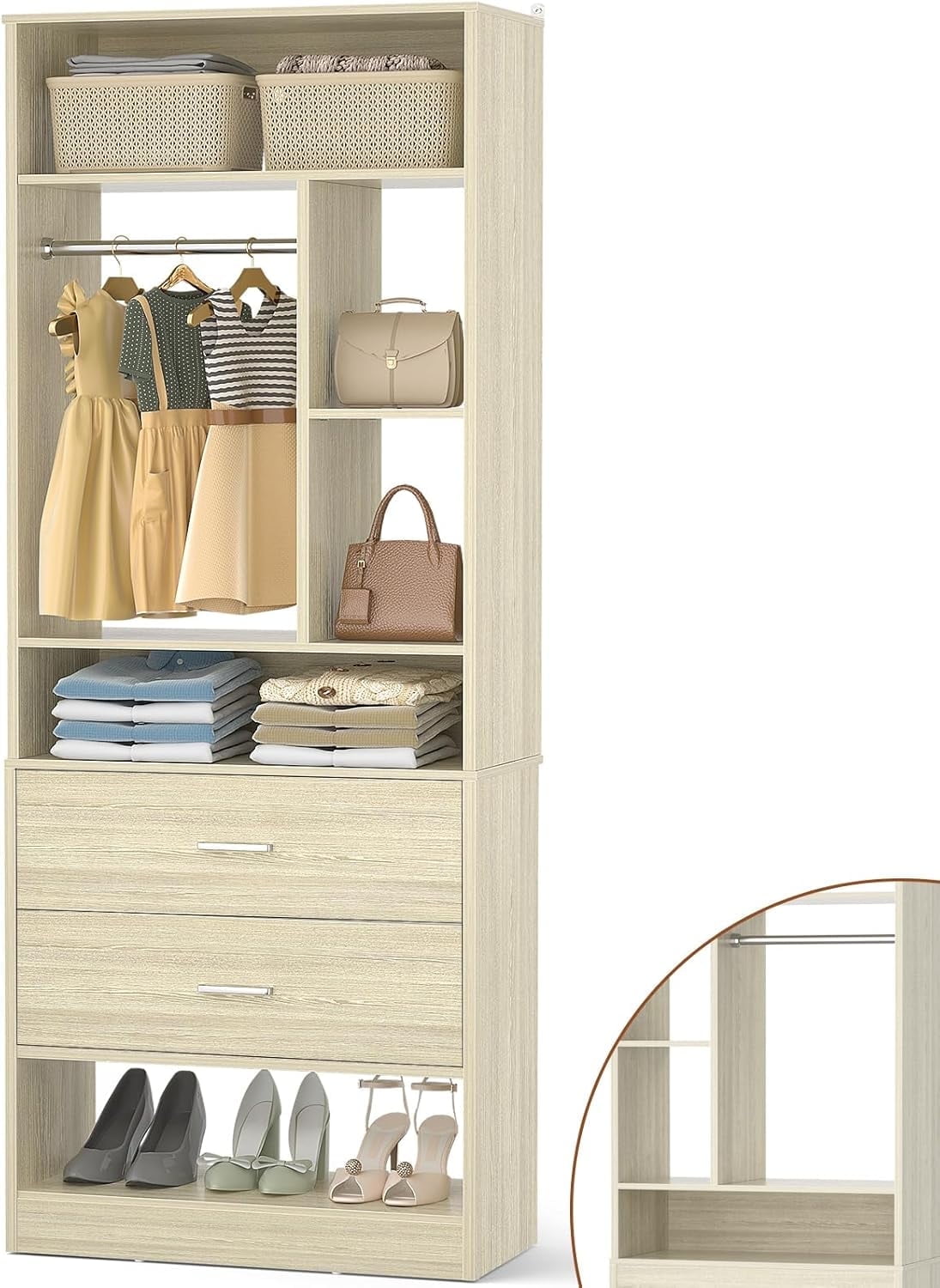 Homieasy Freestanding 24 Closet System with 2 Wood Drawers, 2FT Small Closet Organizer System with 6 Shelves & Hanging Rod, Walk-in Closet Systems for Small Closets, White