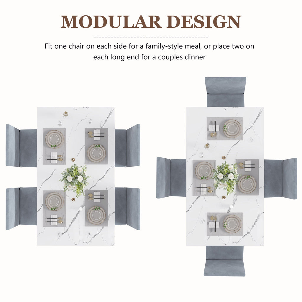 UHOMEPRO Dining Table Set for 4, 5 Piece Dining Room Table Set with Gray Velvet Upholstered Chairs, White Faux Marble Pattern Rectangle Kitchen Table Set for Breakfast Nook Small Space