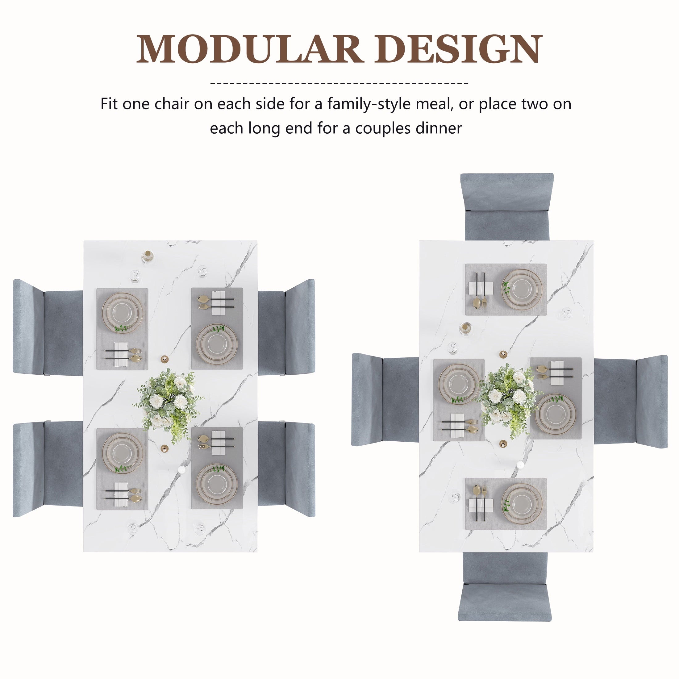 UHOMEPRO Dining Table Set for 4, 5 Piece Dining Room Table Set with Gray Velvet Upholstered Chairs, White Faux Marble Pattern Rectangle Kitchen Table Set for Breakfast Nook Small Space