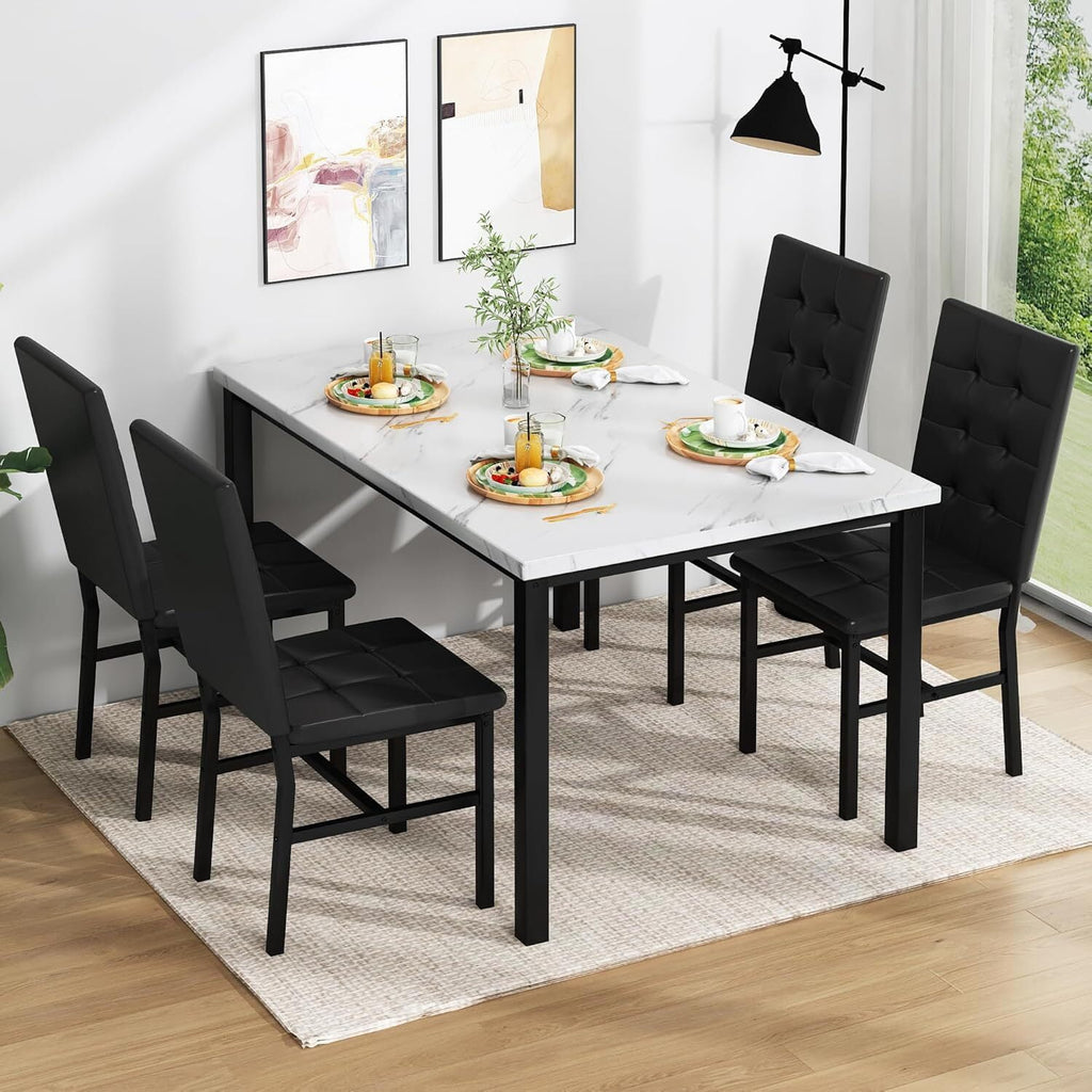 MOOSENG 5-Piece Dining Table Set with Faux Marble Top, Modern Kitchen Table and Set of 4 Grey Velvet Upholstered Chairs, Space-Saving Dinette Set for Small Spaces