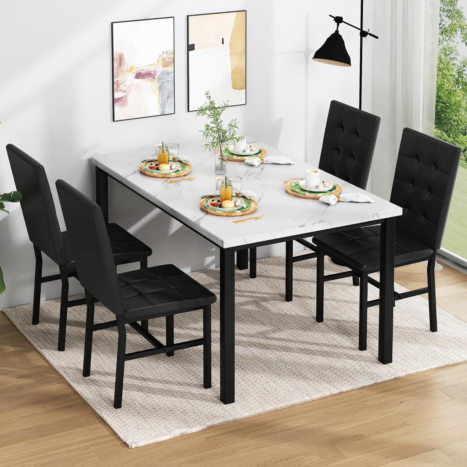 MOOSENG 5-Piece Dining Table Set with Faux Marble Top, Modern Kitchen Table and Set of 4 Grey Velvet Upholstered Chairs, Space-Saving Dinette Set for Small Spaces