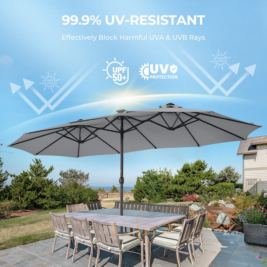 Patbrela 15ft Patio Umbrella with Light and Base, Double Sided  Large Rectangular Outdoor Umbrella with Crank Handle, for Garden, Yard, Poolside and Outdoor Activities, Gray