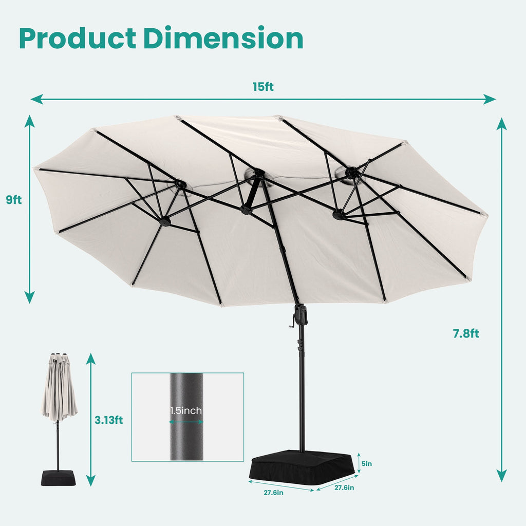 MOALCOFER 15 x 9 FT Double Sided Patio Umbrella with Base Included, Outdoor Rectangular Market Umbrella with Crank Lift, 12 Reinforced Ribs， Khaki
