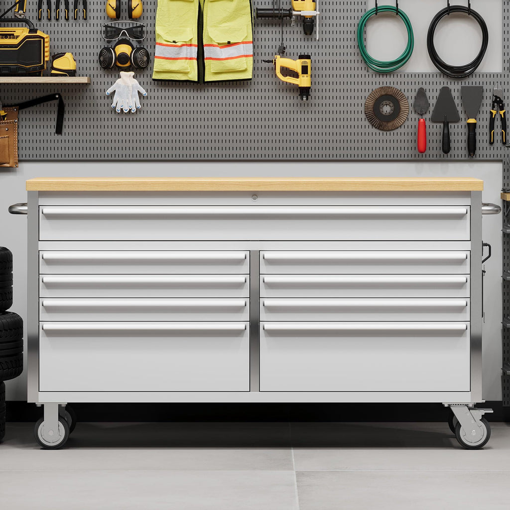 Garvee 61 Tool Chest, Rolling Workbenches with 9 Drawers and Pre-Installed Power Strip for Garage, Workshop, Kitchen