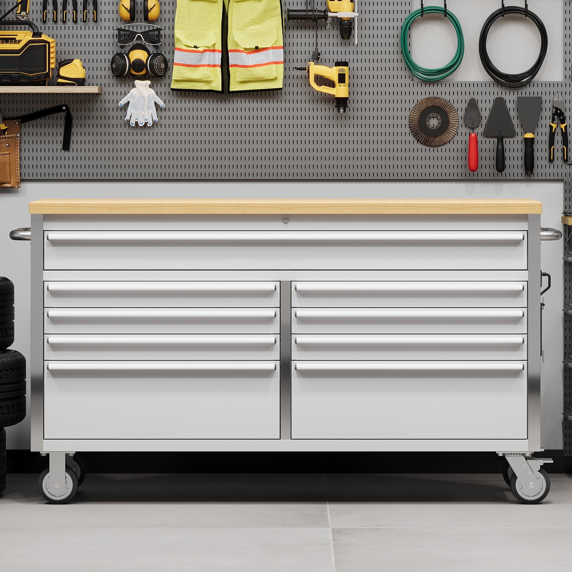 Garvee 61 Tool Chest, Rolling Workbenches with 9 Drawers and Pre-Installed Power Strip for Garage, Workshop, Kitchen