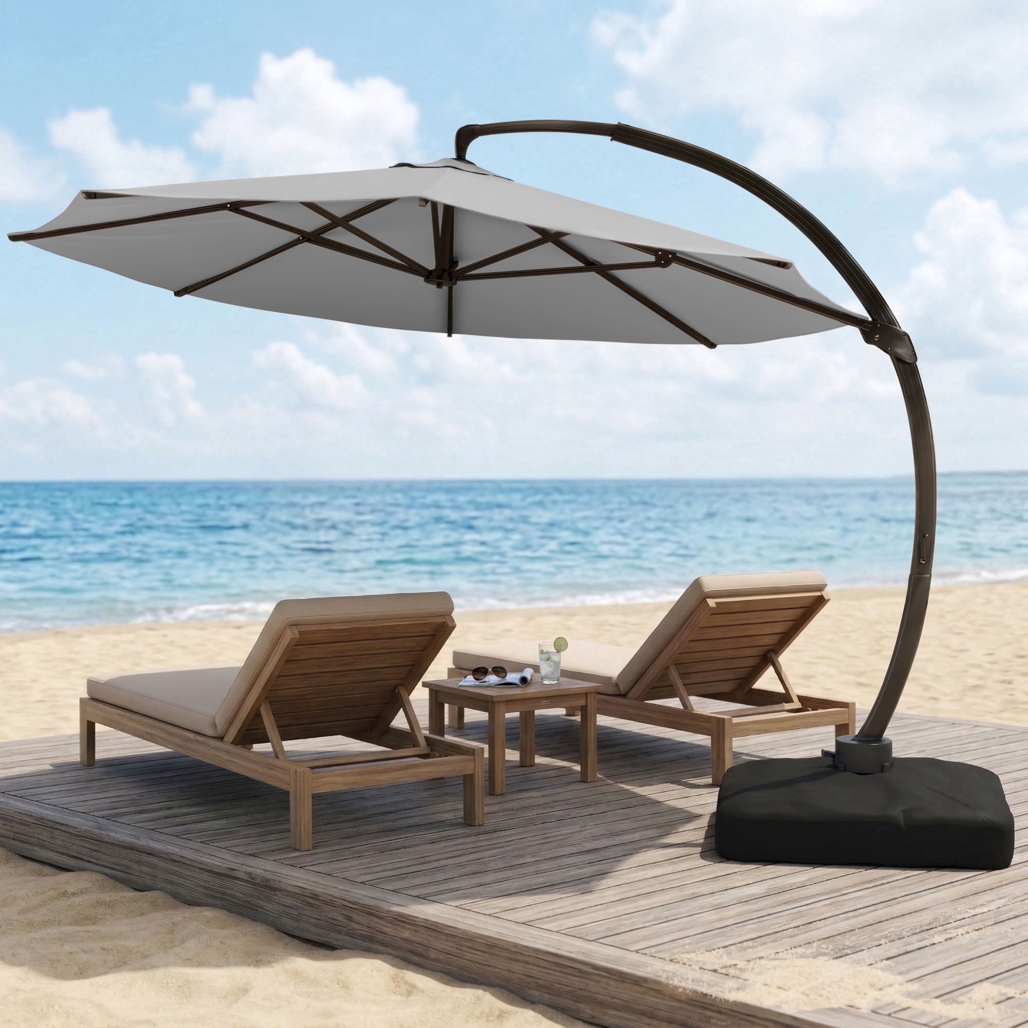 LAZZO 11ft Outdoor Patio Umbrella with Base, Aluminum Offset Cantilever Umbrella for Pool Deck, Champagne