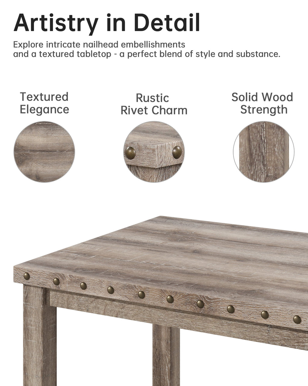 Farmhouse Dining Table Set for 6, Rectangular Wooden Table& 6 Upholstered Kitchen Chairs with Nailhead Accents for Dining Hub,Breakfast Nook