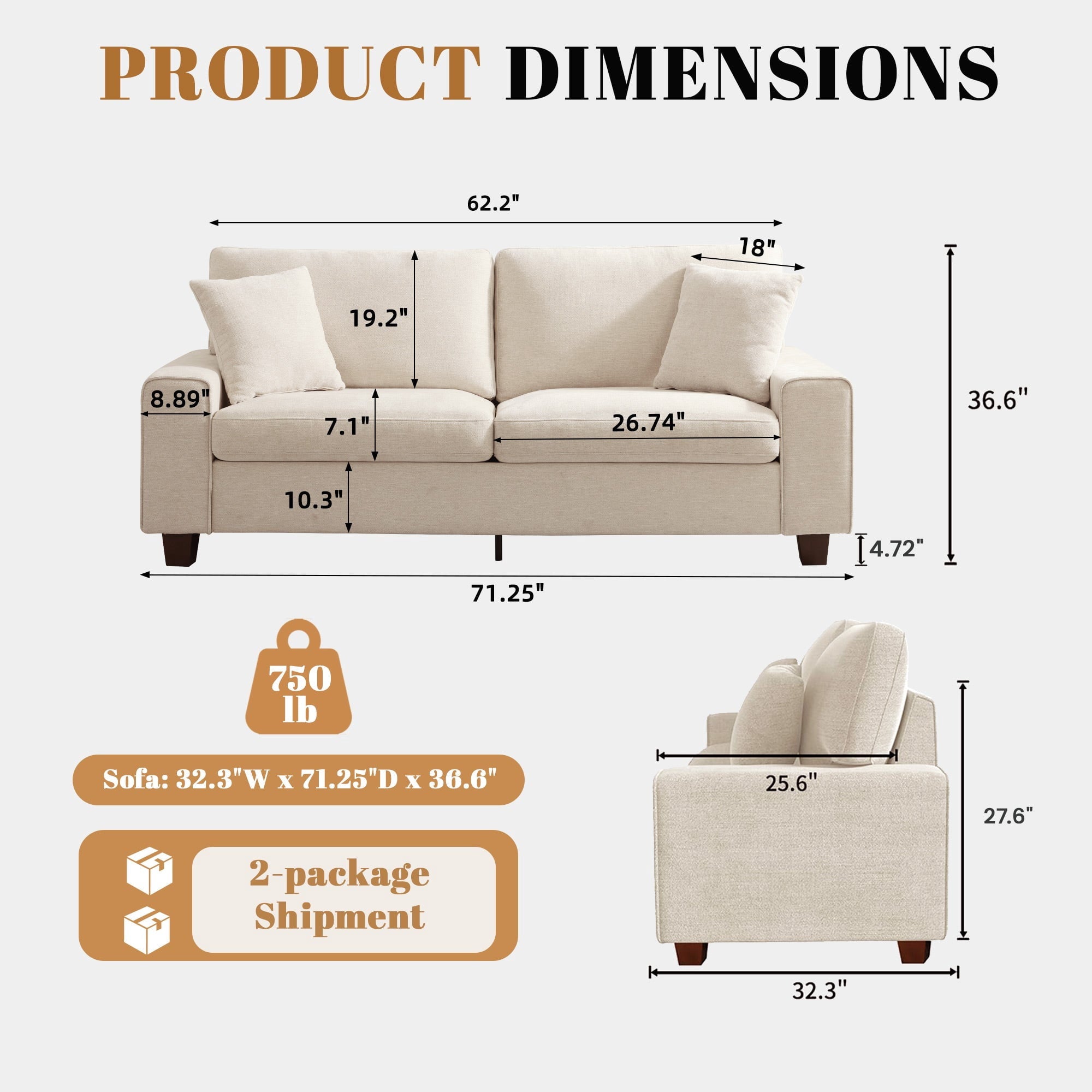 Poshby 71.25''W Loveseat 2 Seater Couch Sofa with Chenille Material, Modern for Living Room, Beige