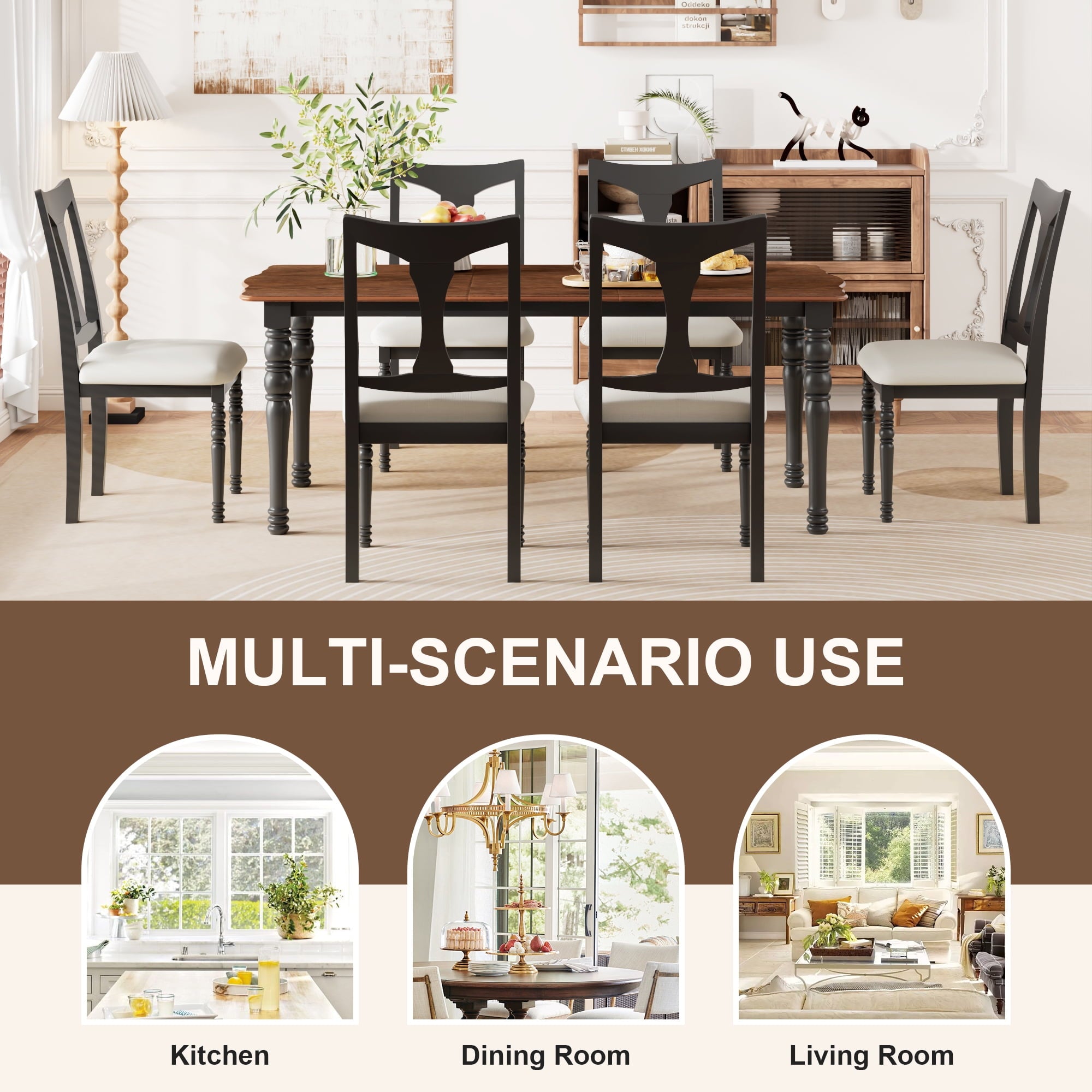 Harper & Bright Designs 7 Pieces Retro Dining Set for 6, Wood Rectangular Table with Designed Trestle Base and 6 Upholstered Chairs for Dining Room and Kitchen, Grey