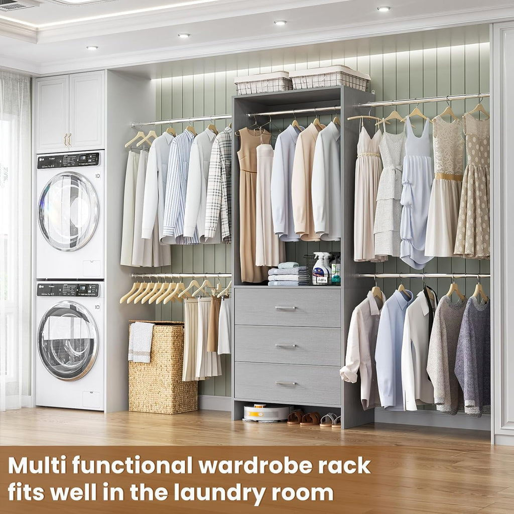 Homieasy Closet System, Closet Organizer with 3 Wooden Drawers, Walk-in Closet Wardrobe Clothes Rack with 4 Hanging Rods, Garment Rack, White