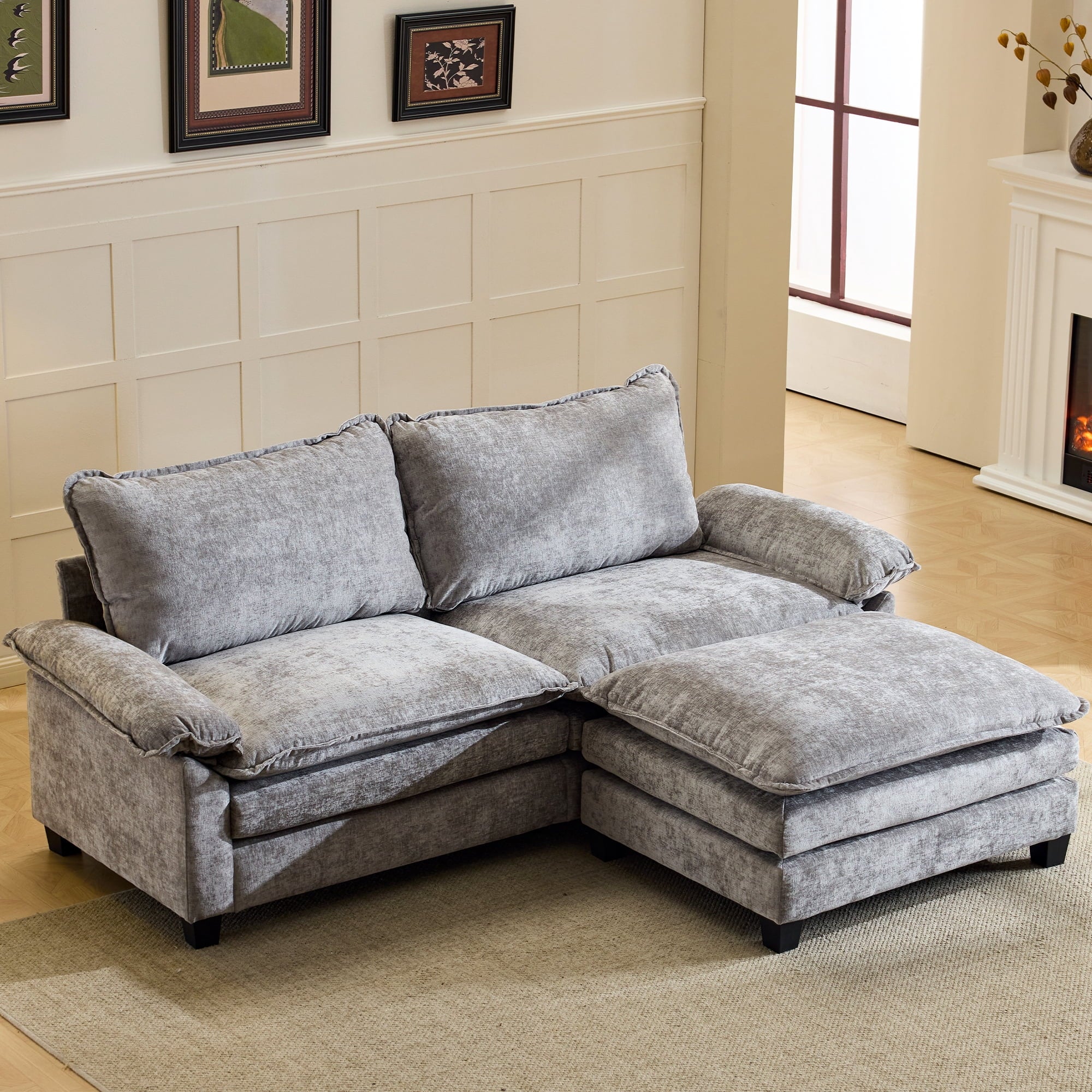 Ktaxon Sectional Sofa L Shaped Couch with Chaise Living Room Sleeper Set, 2 Seats with Chenille and Double Layer Cushions 86 W Beige