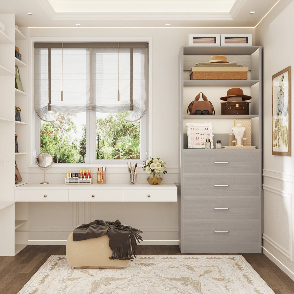 Homieasy 21.3 Inch Freestanding Closet System with 4 Wood Drawers and 3 Shelves for Walk-in Closet, Bedroom, White