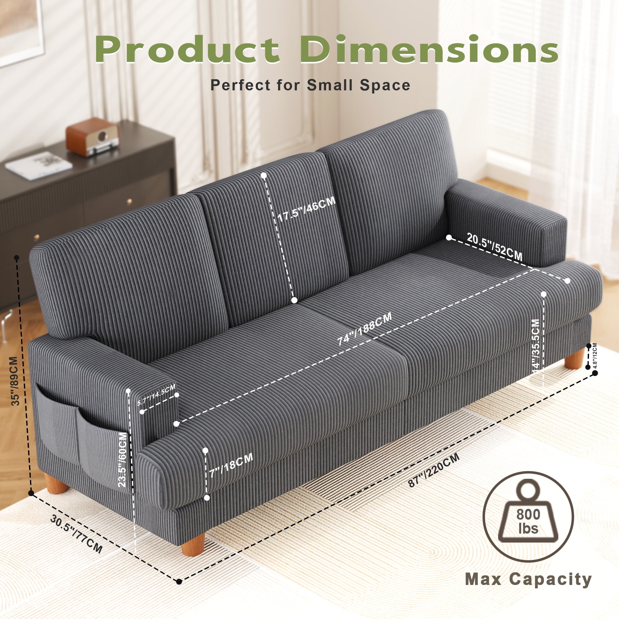 AAQZ 87 Corduroy Sofa Couch for Living Room, 3 Seater Deep Seat Comfy Couch in a Box, 2 Cushions, 2 Pillows Tool-Free Setup,Gray