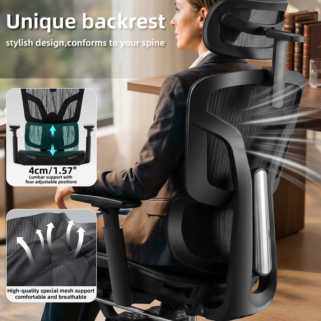 Nexthro Ergonomic Office Chair Mesh Chair with High Back Adjustable Headrest, Lumbar Support, 3D Armrest & Footrest, Swivel Computer Desk Chair(Black)