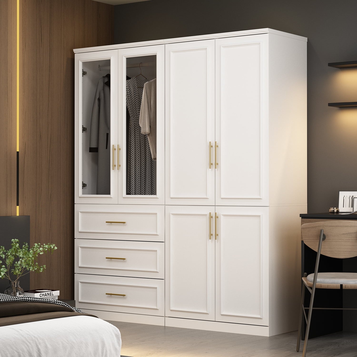 OxyLife 2 Door Wardrobe Armoire, White Closet Storage Organizer with Drawers and Shelves