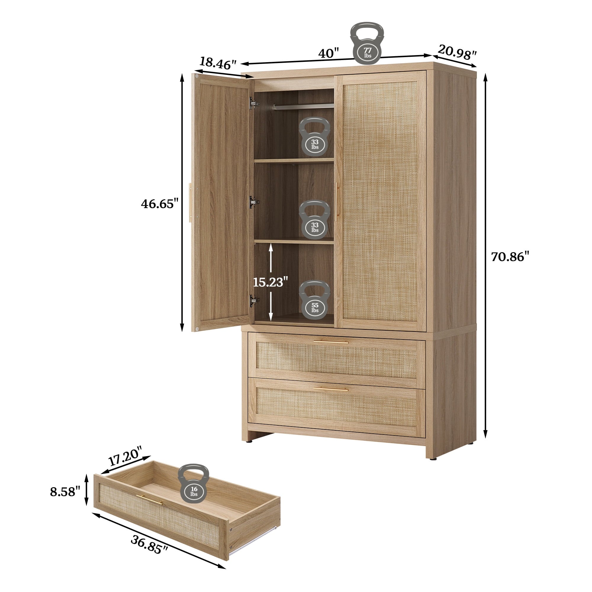 SICOTAS 40W Oversized Boho Armoire Wardrobe Closet with 2 Large Drawers, 71 Tall Rattan Clothing Storage Cabinet with Shelves & Hanging Rod, Farmhouse Freestanding Wardrobe Cabinet for Bedroom, Oak