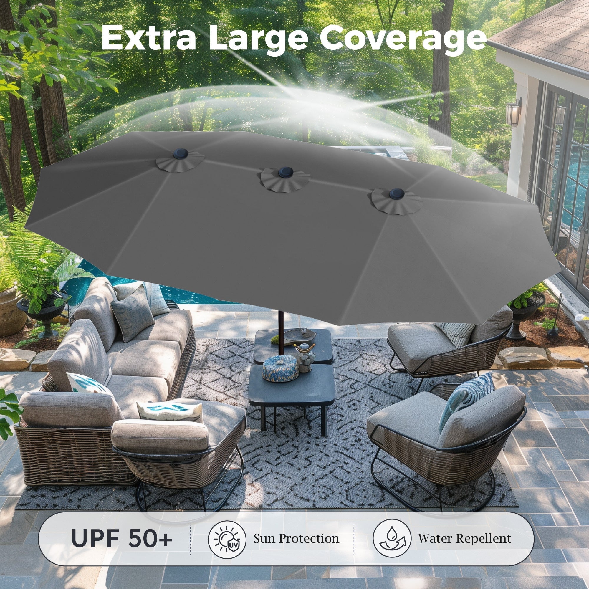 Alpha Joy 15ft Outdoor Patio Umbrella Extra-Large Double-Sided Garden Umbrella with Crank Handle and Base - Ivory