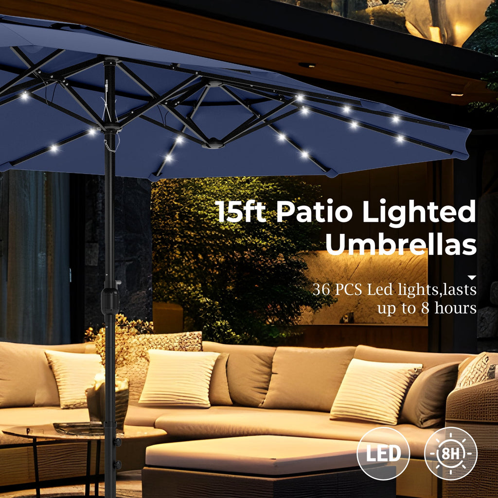 Alpha Joy 15ft Dual-Layer Extra Large Outdoor Patio Umbrella Double-Sided Ventilation Umbrella with Led Lights & Umbrella Base, Beige