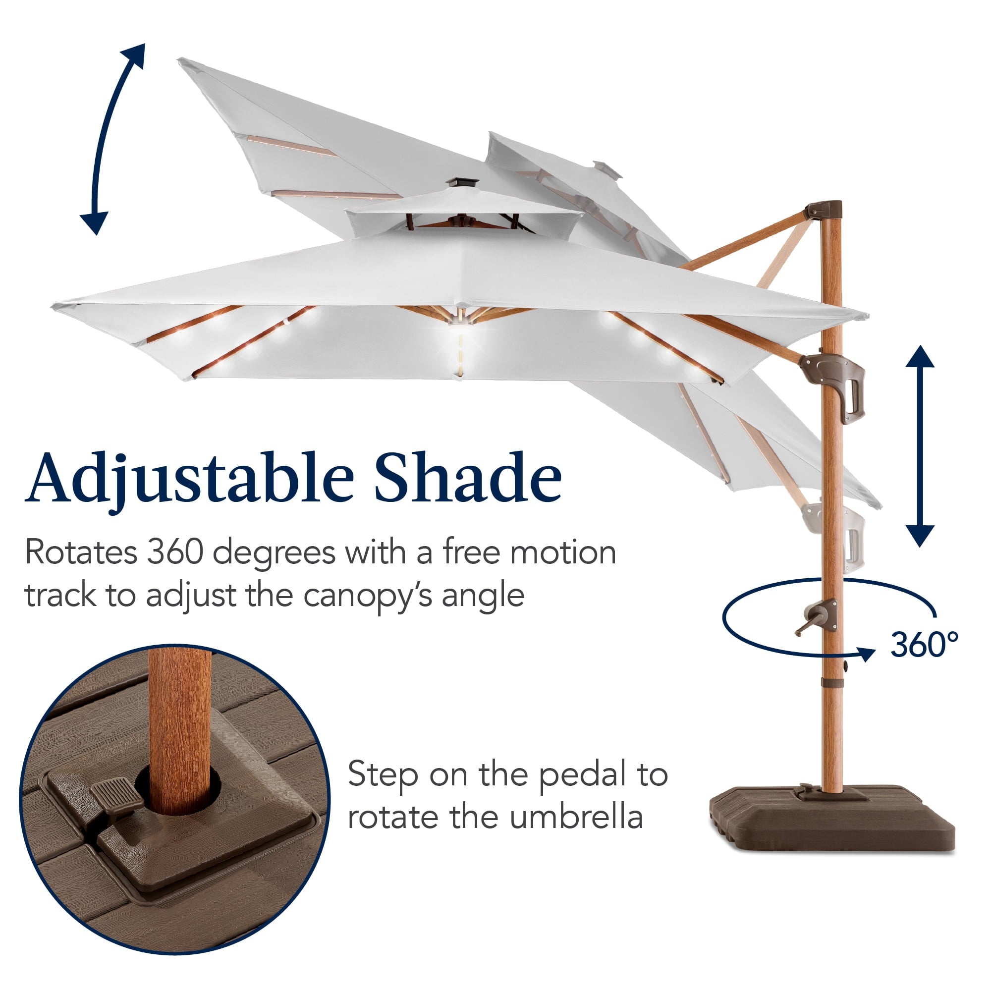 Best Choice Products 10ft Square Woodgrain Pattern 2-Tier Outdoor Solar LED Cantilever Umbrella w/ Base - Gray