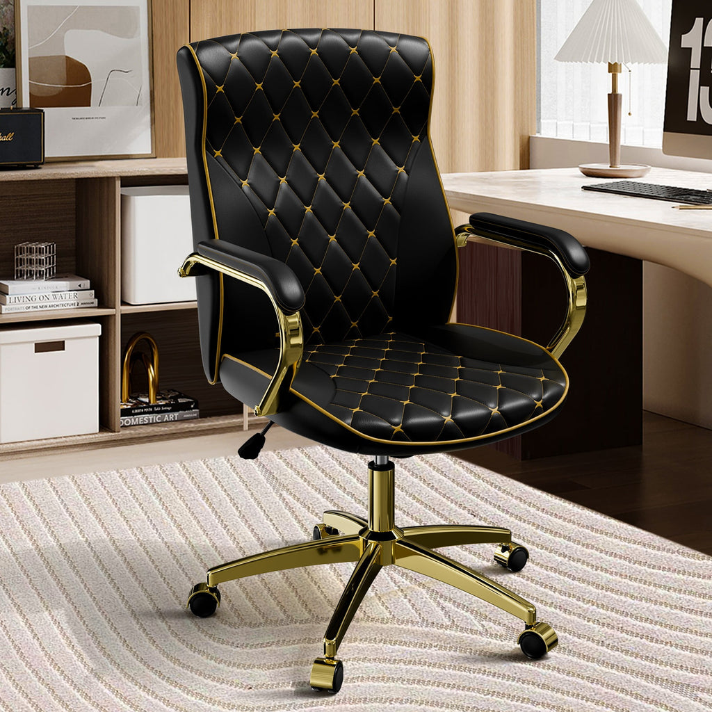 HomeZeer White and Gold Office Chair, Ergonomic High Back Executive Desk Chair with Wheels and Arms, Modern PU Leather Computer Chair with Rocking Function, White(Set of 2)