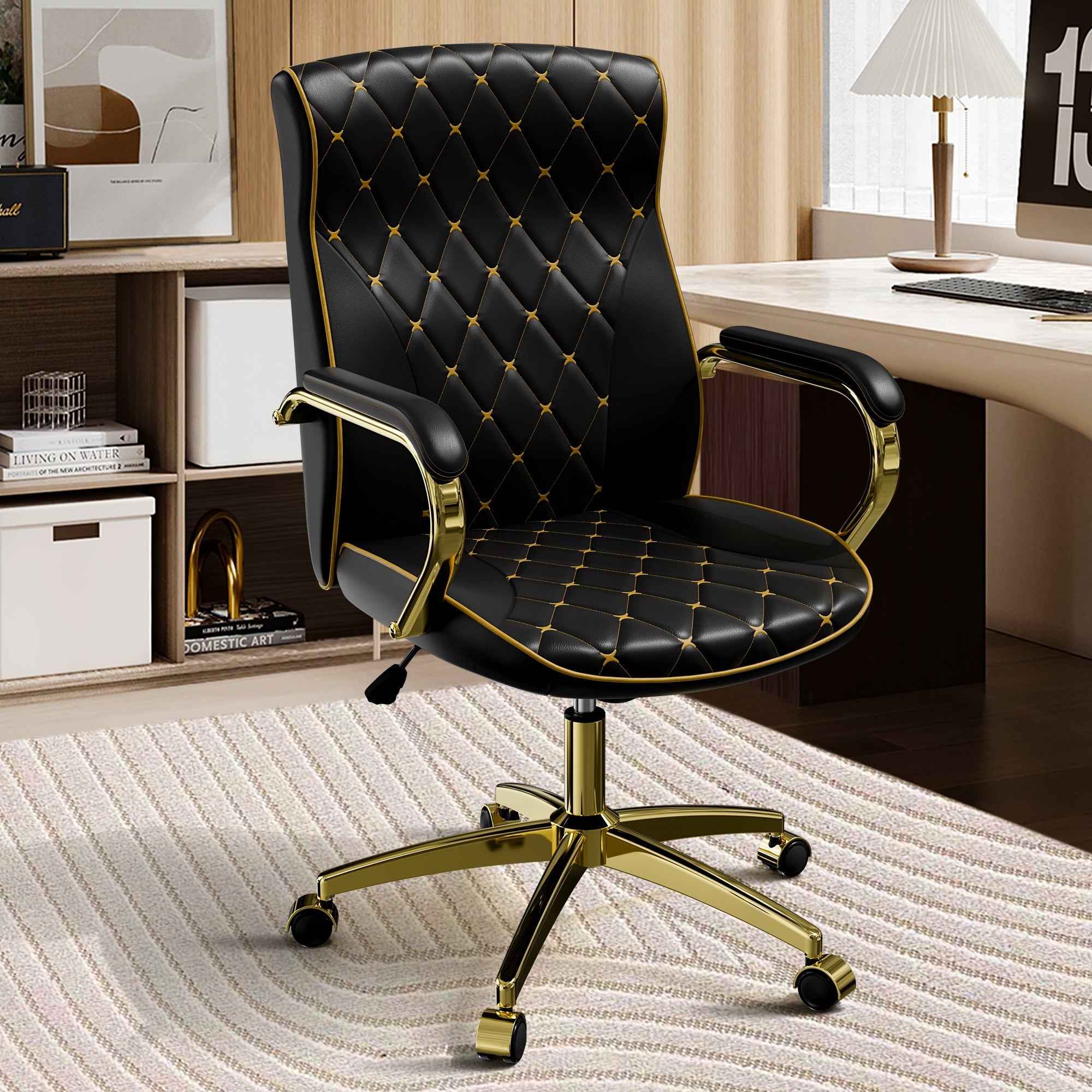 HomeZeer White and Gold Office Chair, Ergonomic High Back Executive Desk Chair with Wheels and Arms, Modern PU Leather Computer Chair with Rocking Function, White(Set of 2)