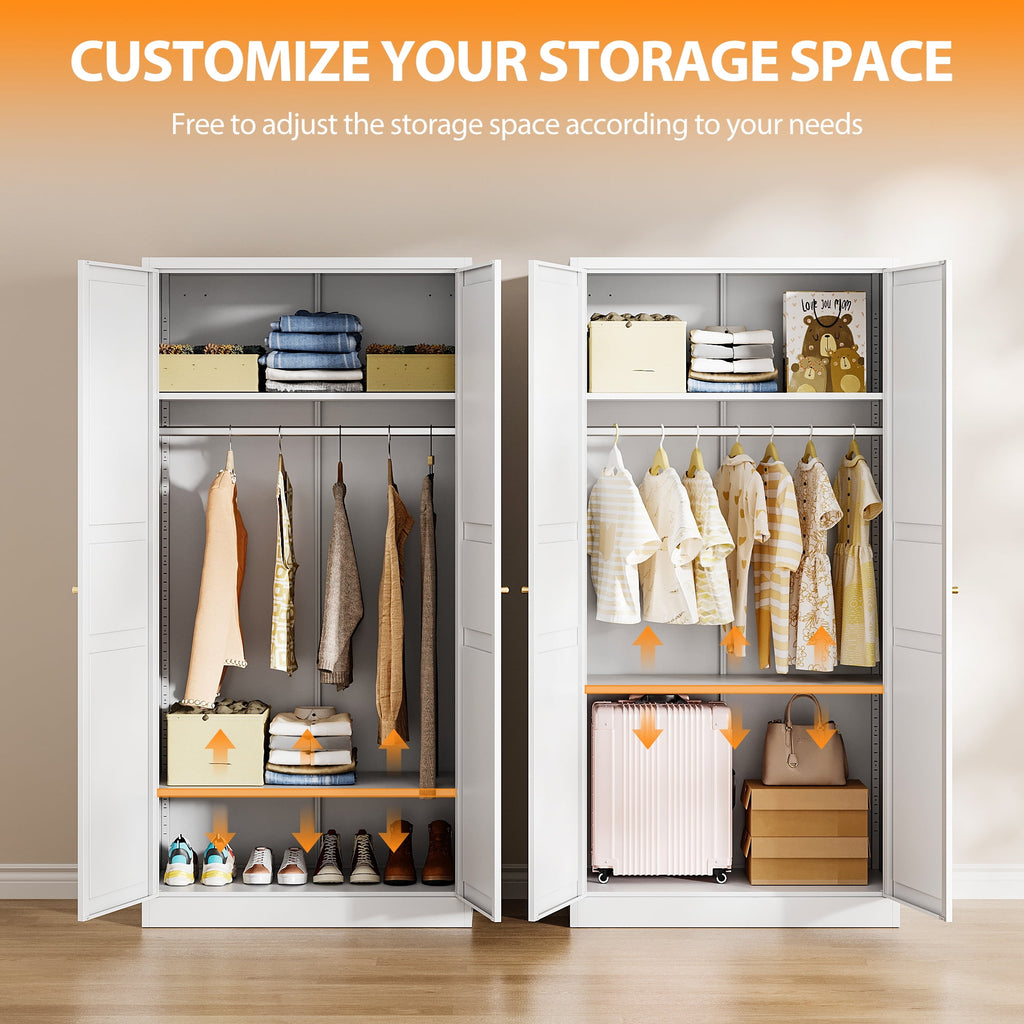 STANI Metal Wardrobe Closet with Hanging Rod, 72 White Armoire Wardrobe Cabinet with Adjustable Shelves, Clothes Storage Organizer Cabinets for Bedroom, Bathroom, Office