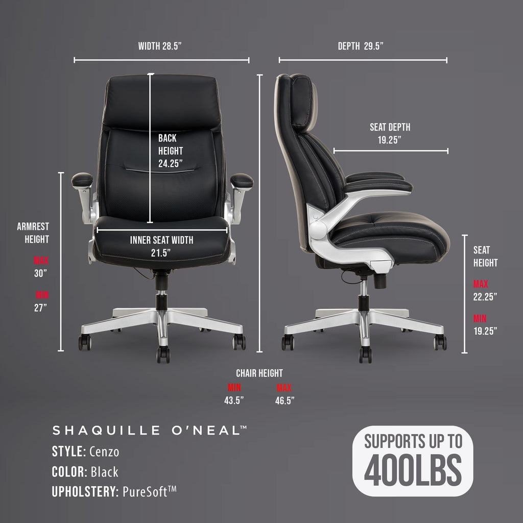 Shaquille O'Neal Cenzo Ergonomic Big and Tall Office Chair ,Flip-Up Arms PureSoft Upholstery High-Back Desk Chair with 400 lb Capacity, Black