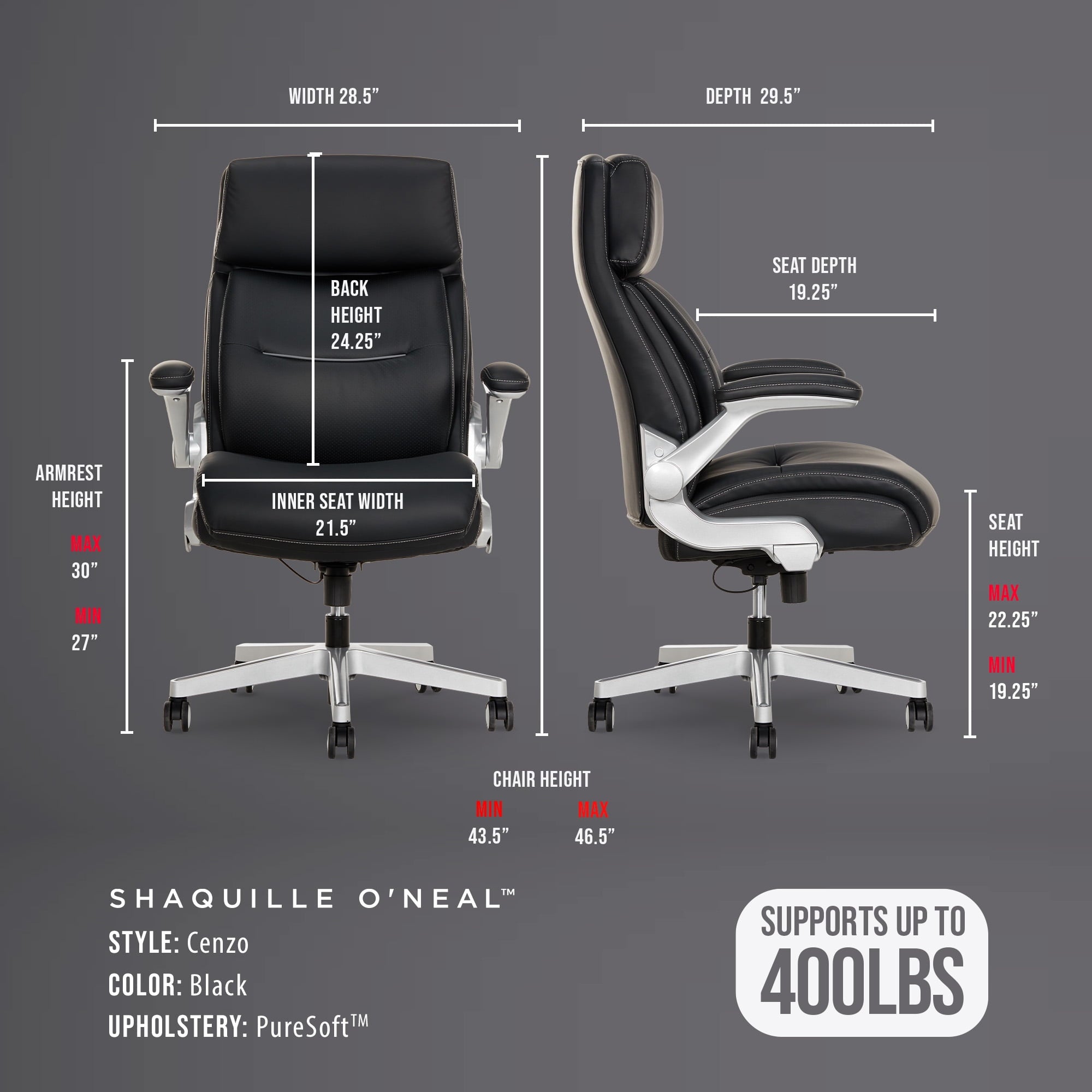 Shaquille O'Neal Cenzo Ergonomic Big and Tall Office Chair ,Flip-Up Arms PureSoft Upholstery High-Back Desk Chair with 400 lb Capacity, Black