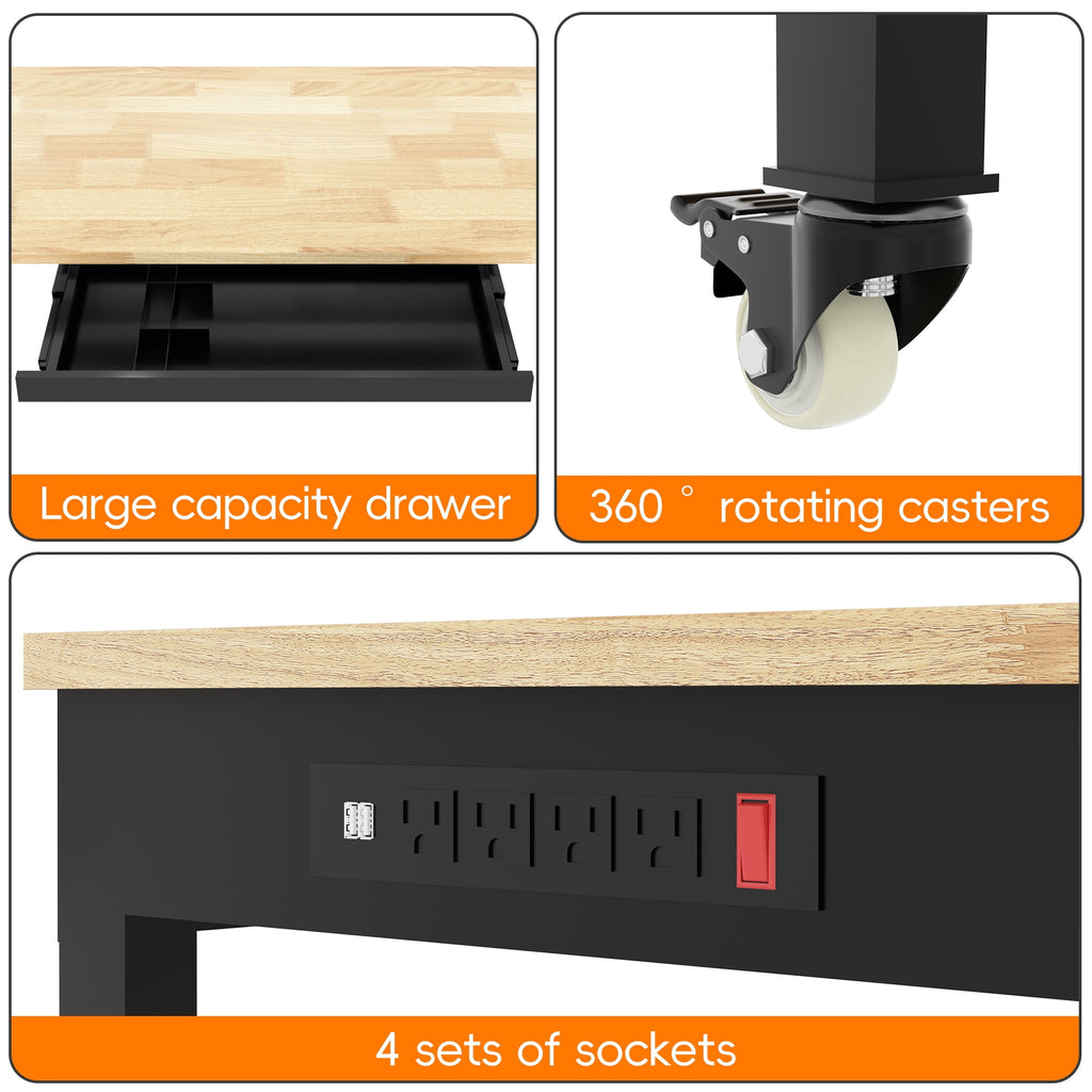 Joywind 60 Heavy-Duty Adjustable Workbench with Locking Wheels, Power Strip & Pegboard – Rubber Wood Work Table for Garage, Workshop, Home Office